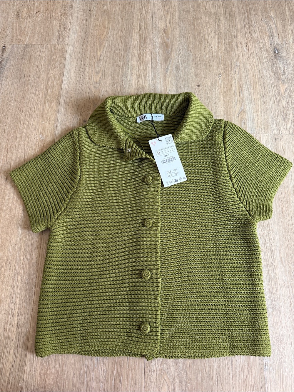 Zara Olive Short-Sleeve Button-Down Knit Top
